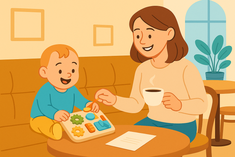 Kind spielt im Café mit seinem Activity Board