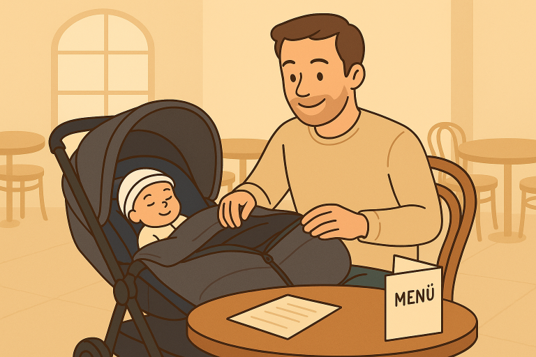 Vater öffnet den Fußsack vom Baby