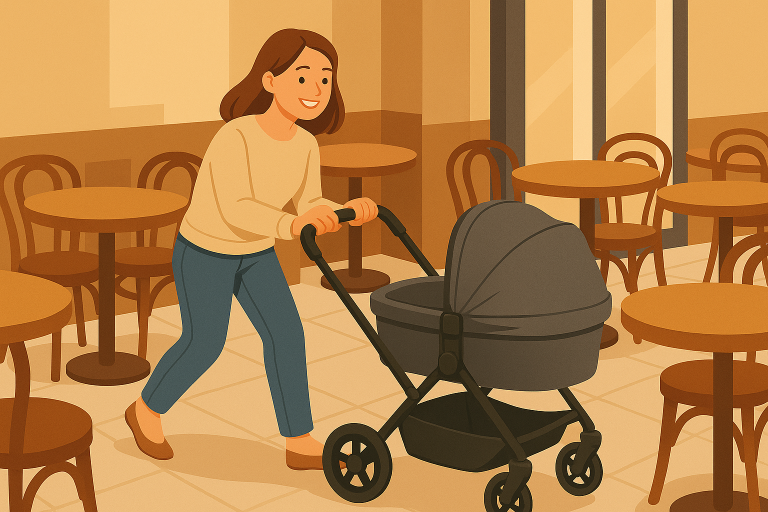 Mutter schiebt den Kinderwagen durch das Café