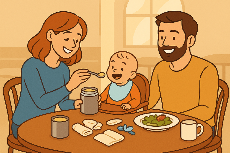 Mutter füttert das Baby aus dem Thermobehälter