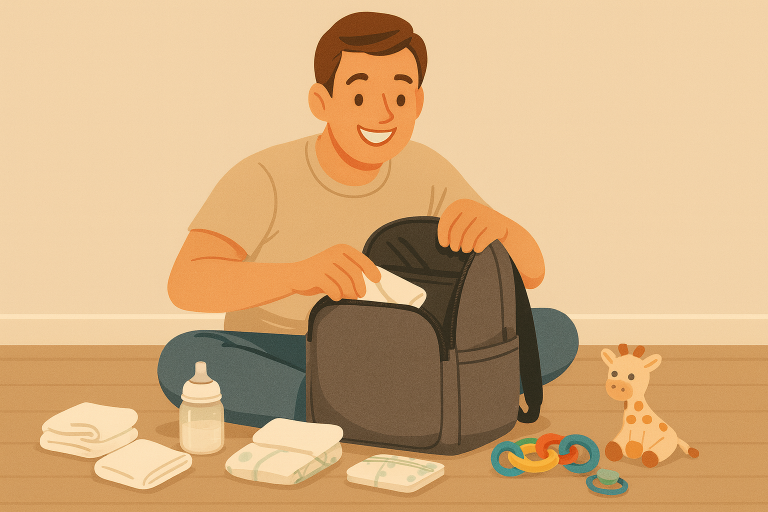 Vater packt den Wickelrucksack